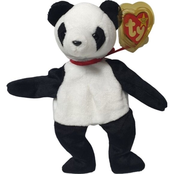 VTG Ty Beanie Babies Fortune Panda Bear 8.5" Plush Toy 1997 Black White W Tags - Picture 1 of 9
